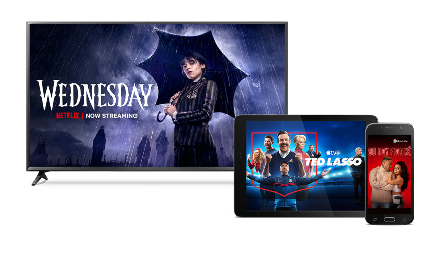 A TV, tablet and smartphone showing popular shows on Stream+ like Wednesday, Ted Lasso and 90 Day Fiance.
