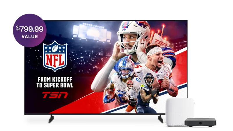 TV showing NFL on TSN promo featuring Josh Allen and Patrick Mahomes next to a Wi-Fi router, marked with a $799.99 value badge.