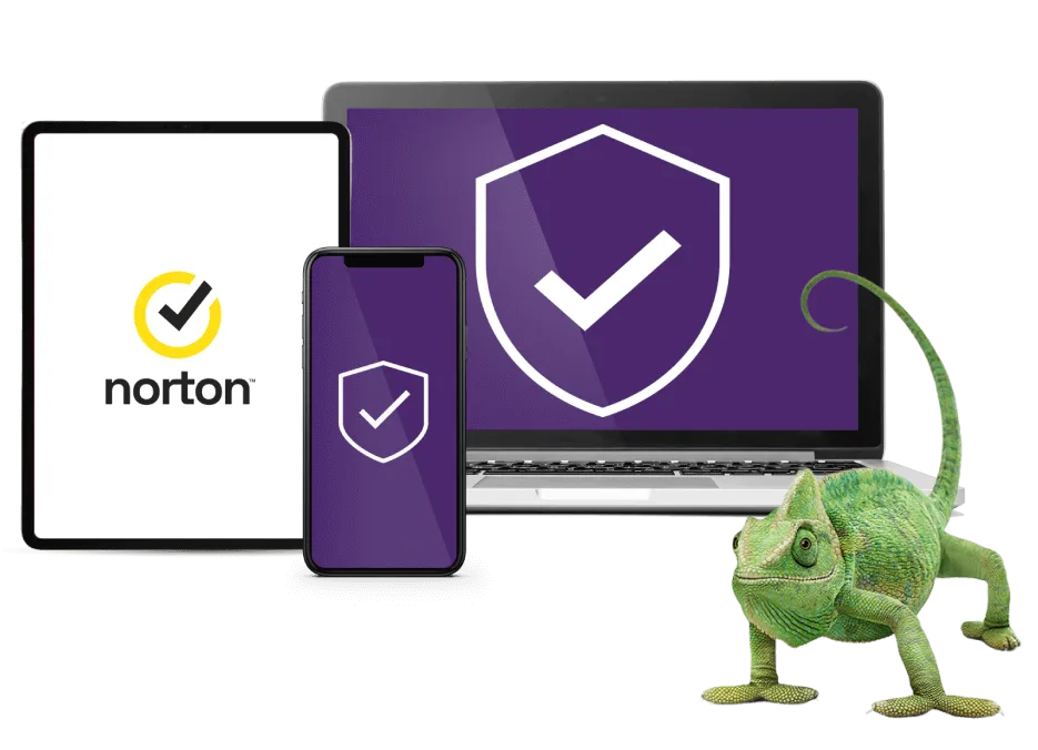 A chameleon stands next to a laptop, tablet and smartphone. They contain a TELUS online Security shield logo and a norton logo