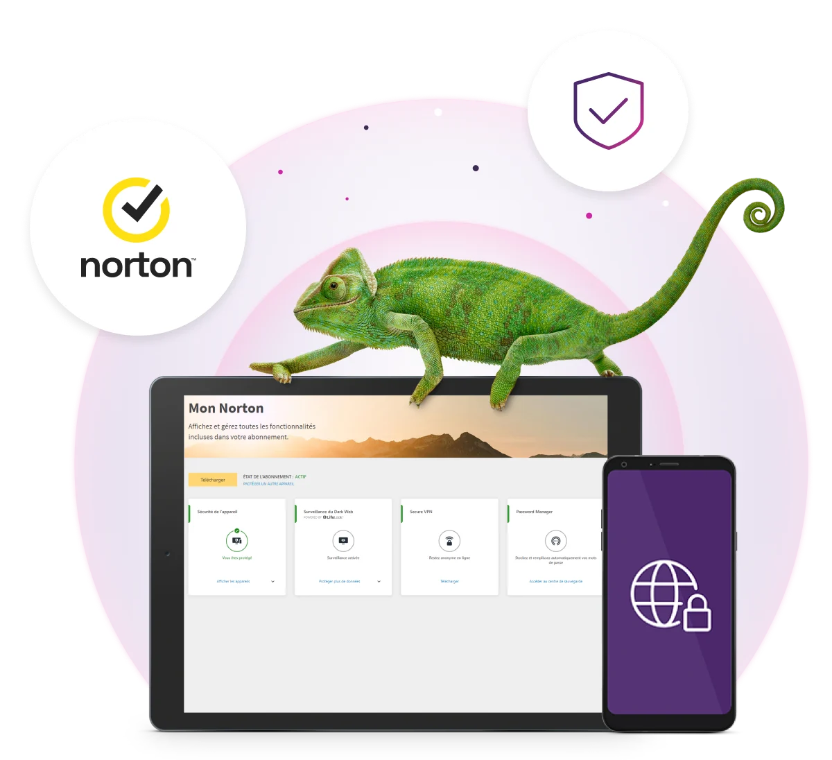 Un écran de tablette sur Protection numérique de TELUS affiche la protection de l’appareil, la Surveillance du Dark Web (Web clandestin), le RPV sécurisé (Secure VPN), le Gestionnaire de mots de passe et le logo Norton.