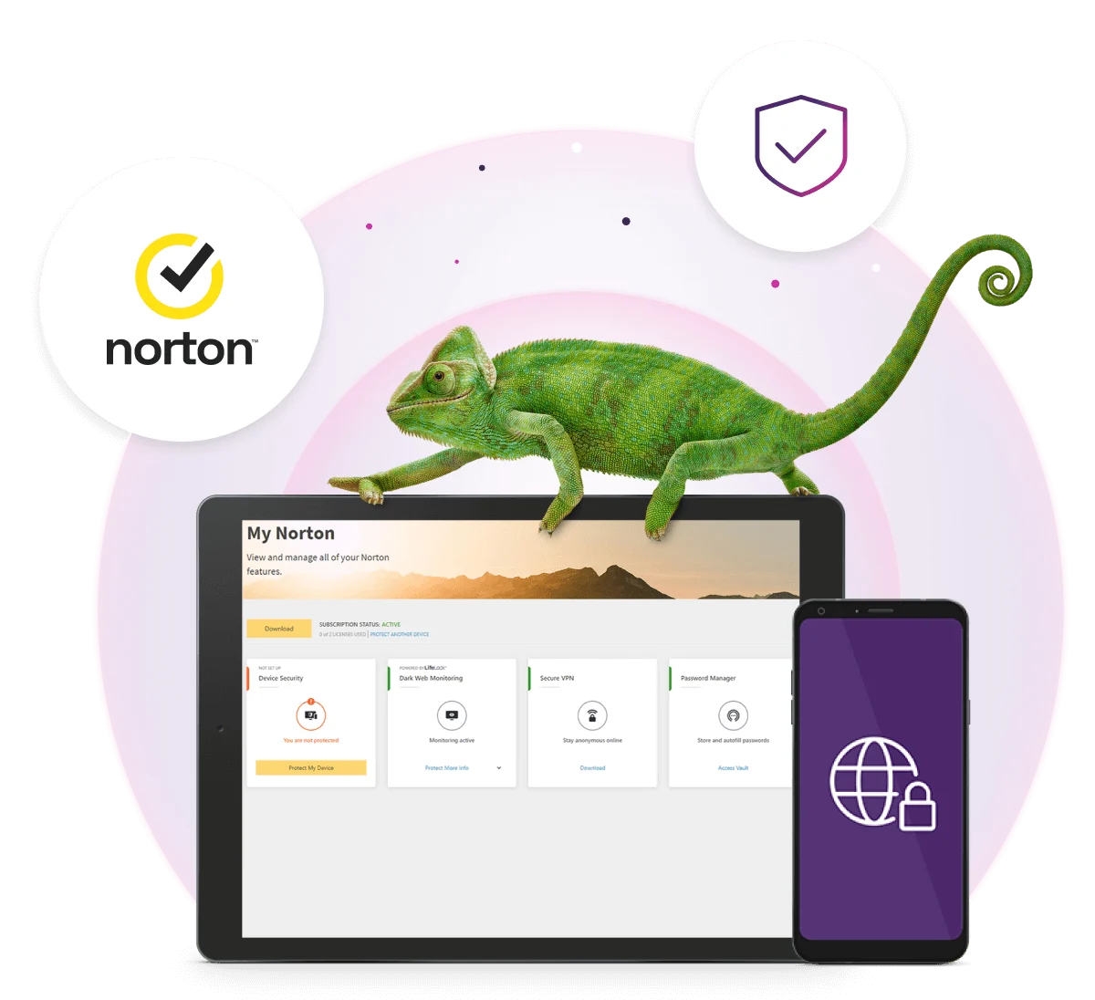 A tablet with Online Security prevention screen showing device security, Dark Web Monitoring, Secure VPN and Password Manager as well as Norton logo.