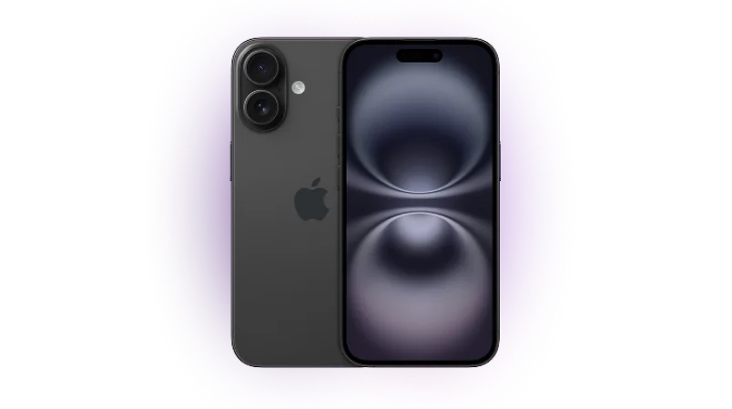 Front and back view of iPhone 16 in Black.