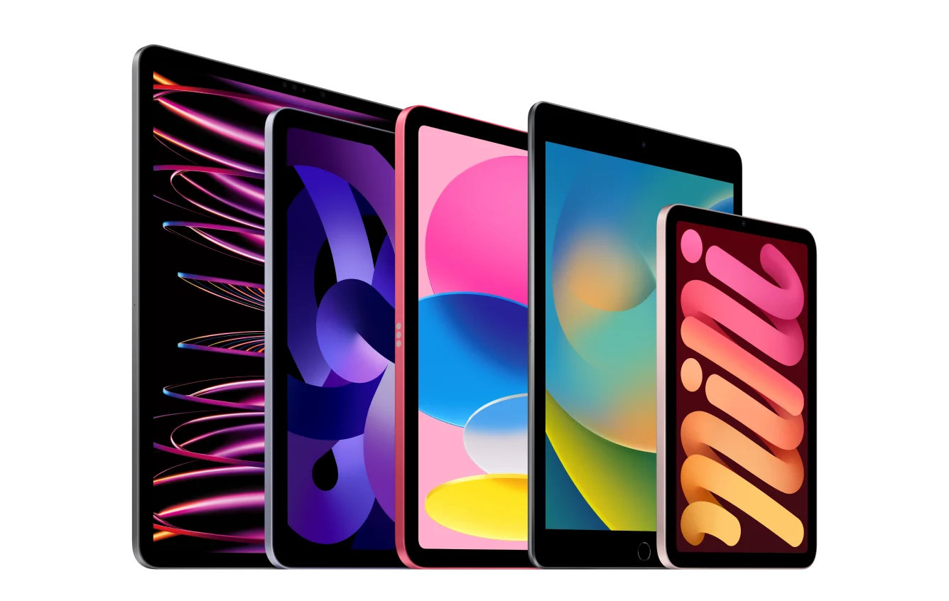 Five iPads of varying sizes and colours, standing vertically and displaying their screens. Each screen is displaying a colourful, abstract image.