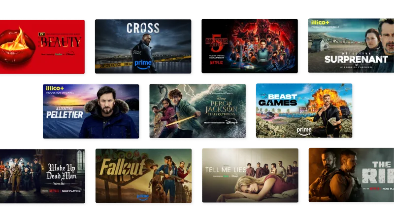 Screens showing an assortment of French entertainment content.
