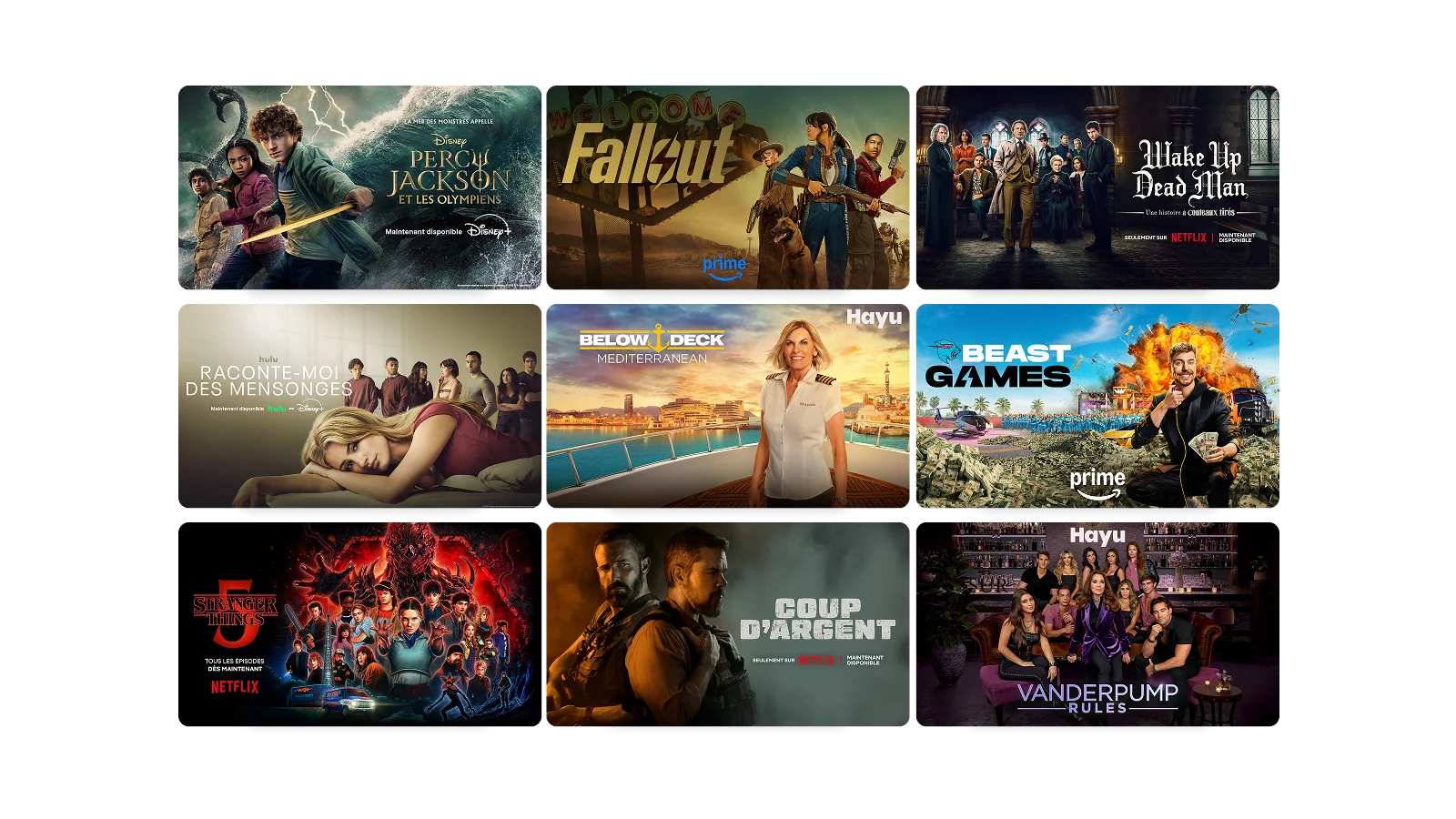 Écrans présentant un assortiment de contenu de divertissement français.