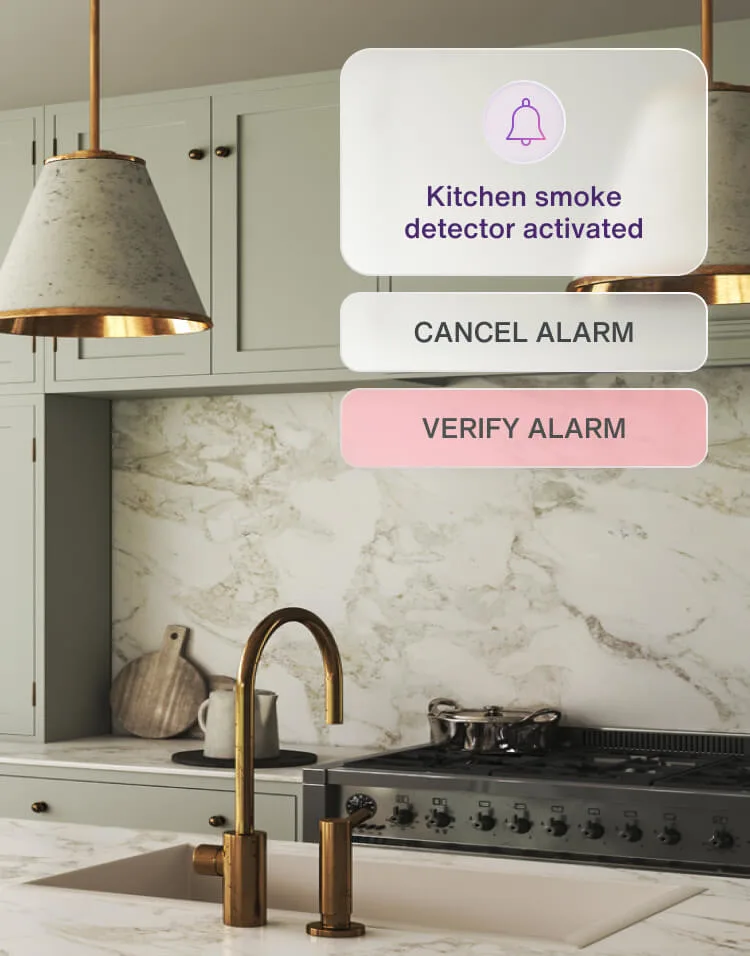 A split screen depicting a woman sleeping in bed with an app alert and a kitchen with an app alert