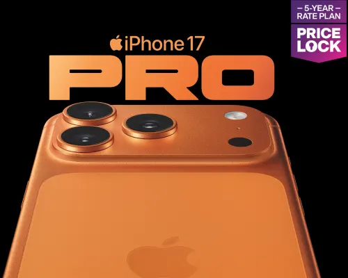 iPhone 17 Pro in Cosmic Orange featuring a triple-camera system. The text 'iPhone 17 PRO' is displayed prominently above the device.