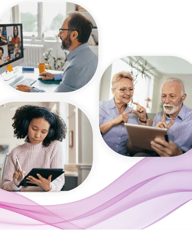 An older couple make hand gestures at a tablet, a woman uses a stylus to take notes on a tablet computer and a man sits in front of a desktop computer engaging in a group video conference with several colleagues.