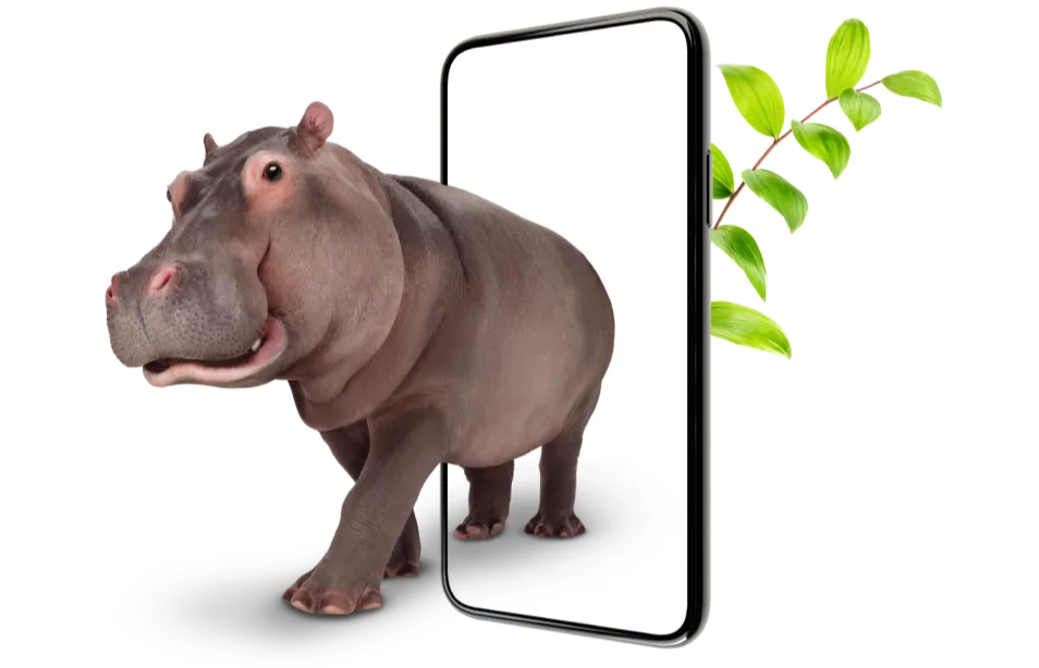 In a vivid illustration of the robust protection offered by Device Care Complete, a hippopotamus emerges from a smartphone frame, with a vibrant green leaf providing a backdrop. 