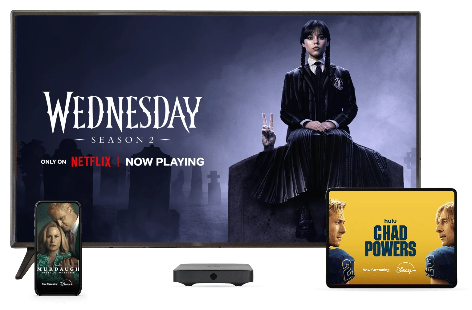 Wednesday Netflix, The Lowdown on Disney+, and Generation V on Prime displayed on various devices.