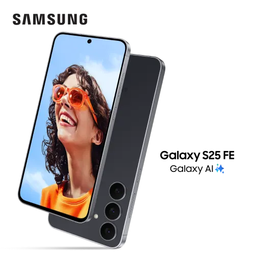Front and back view of Galaxy S25 FE with Galaxy AI branding.