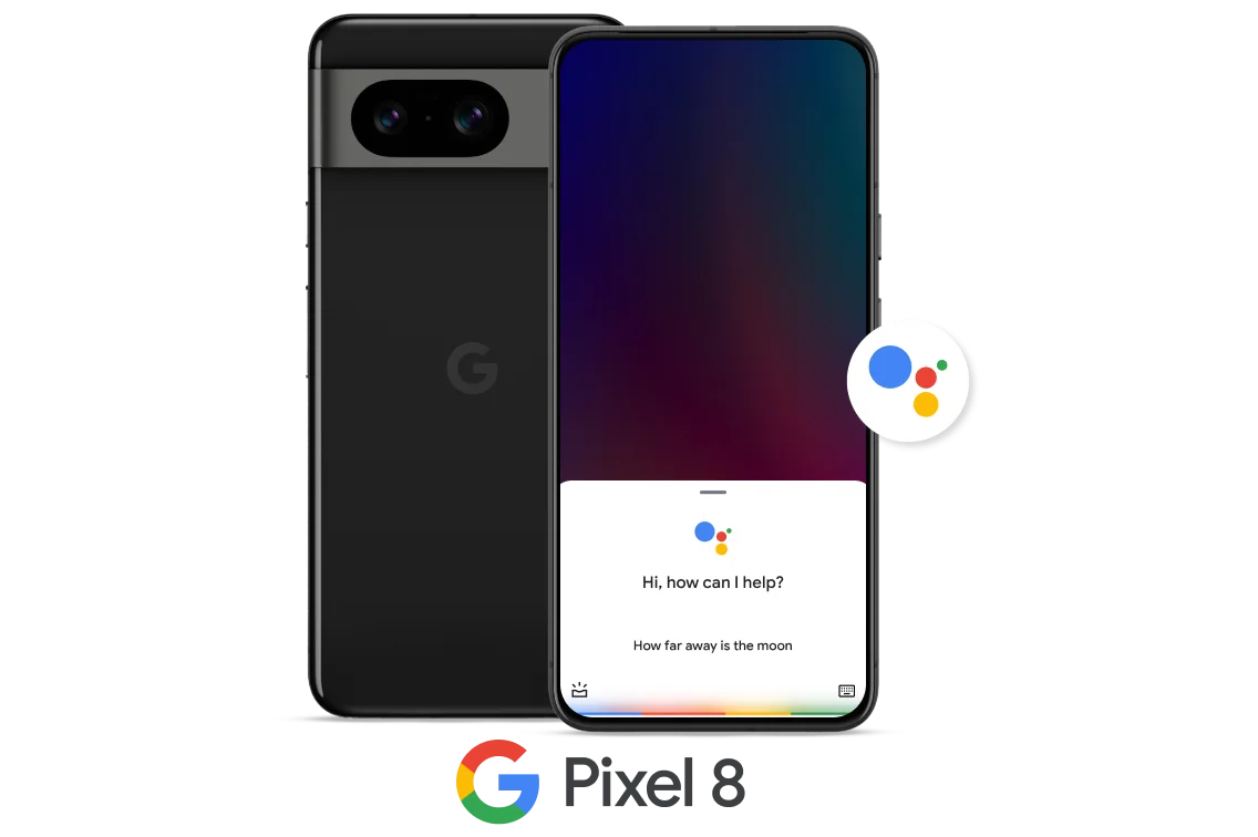 Two Google Pixel 8 phones standing side by side. One is displaying its screen, and the other is displaying its black exterior and camera lenses.