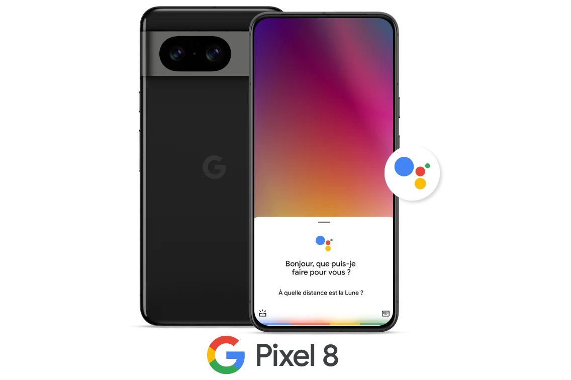 Deux téléphones Google Pixel 8 placés côte à côte. L’un montre son écran et l’autre montre son extérieur noir et ses objectifs de caméra.