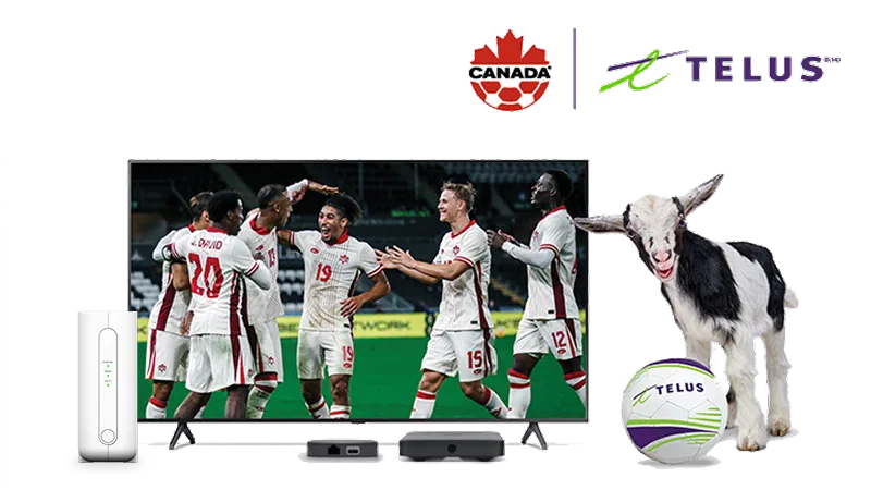 A goat and a TELUS soccer ball stand beside a TELUS modem and TV displaying Canada Soccer on TSN, representing the PureFibre Internet and Optik TV bundle.