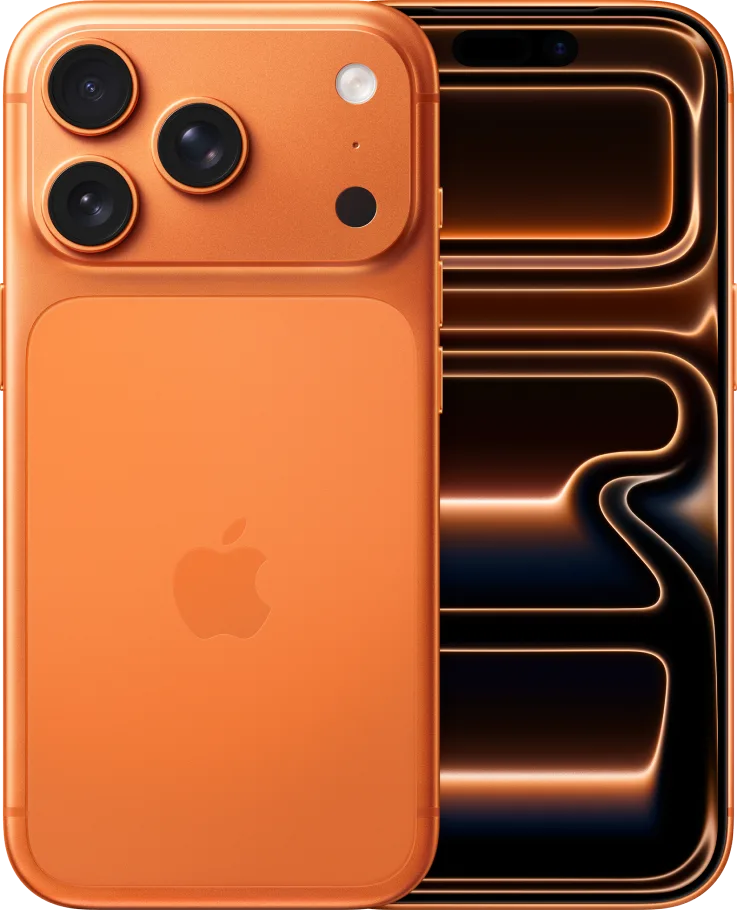Front and back view of the iPhone 17 Pro in Cosmic Orange