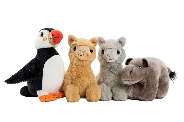 Four TELUS critter plushies positioned side-by-side. A hippo, tan and grey alpacas and a puffin.