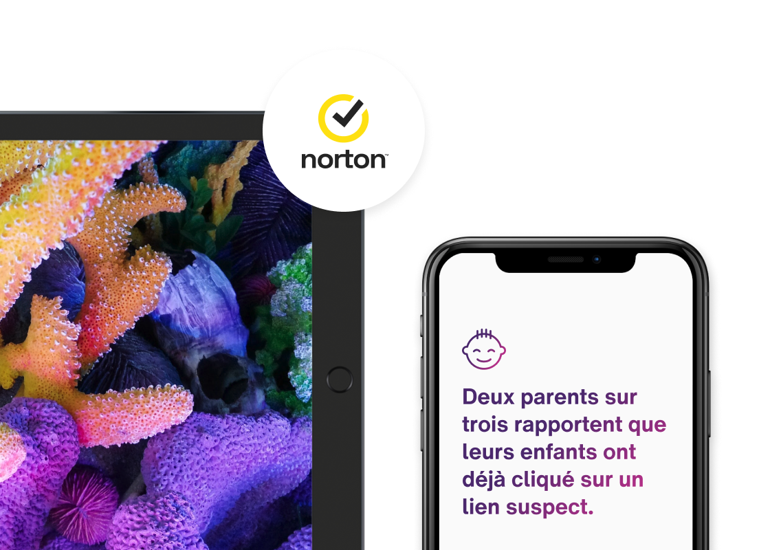 Le logo de Norton figurant en haut d’un écran sur lequel sont affichées des images en HD, tandis qu’un téléphone intelligent affiche le titre suivant : « Plus d’une personne sur quatre rapporte que ses enfants ont déjà cliqué sur un lien suspect. »