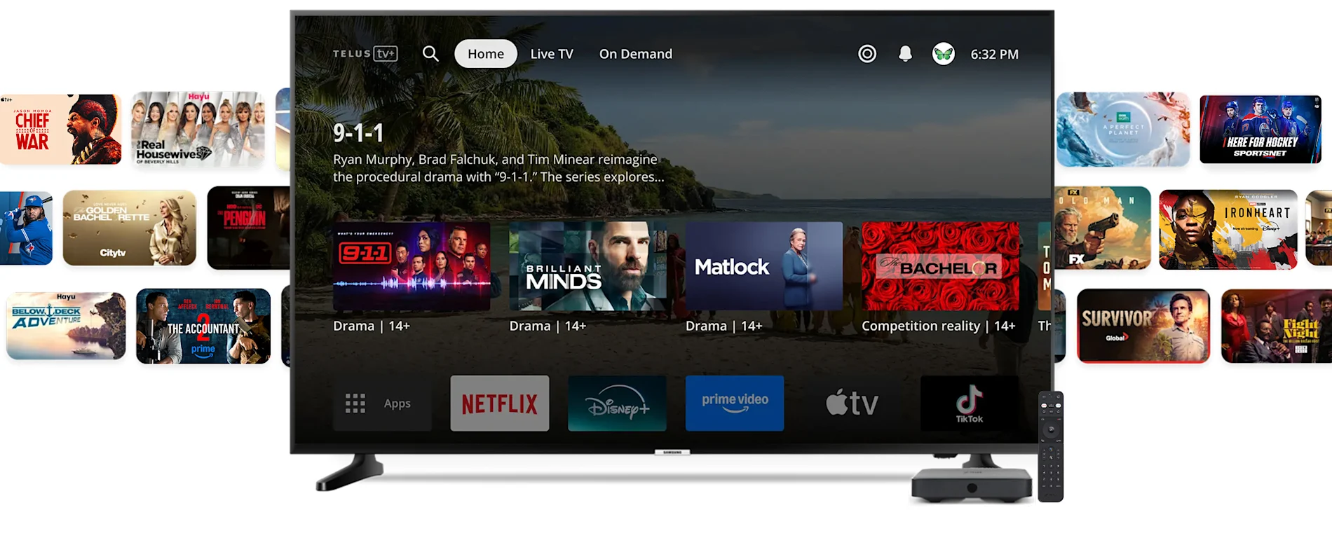 A TV with the TELUS TV+ interface displays recent and popular shows and several streaming channels