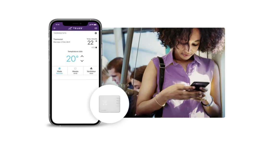Une femme utilise un téléphone intelligent à côté d’un écran de téléphone qui affiche l’option de contrôle de la température sur l’application Maison connectée.