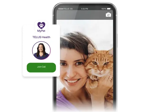 A TELUS MyPet agent invites to join a call. A smartphone displays an image of a woman and her cat.