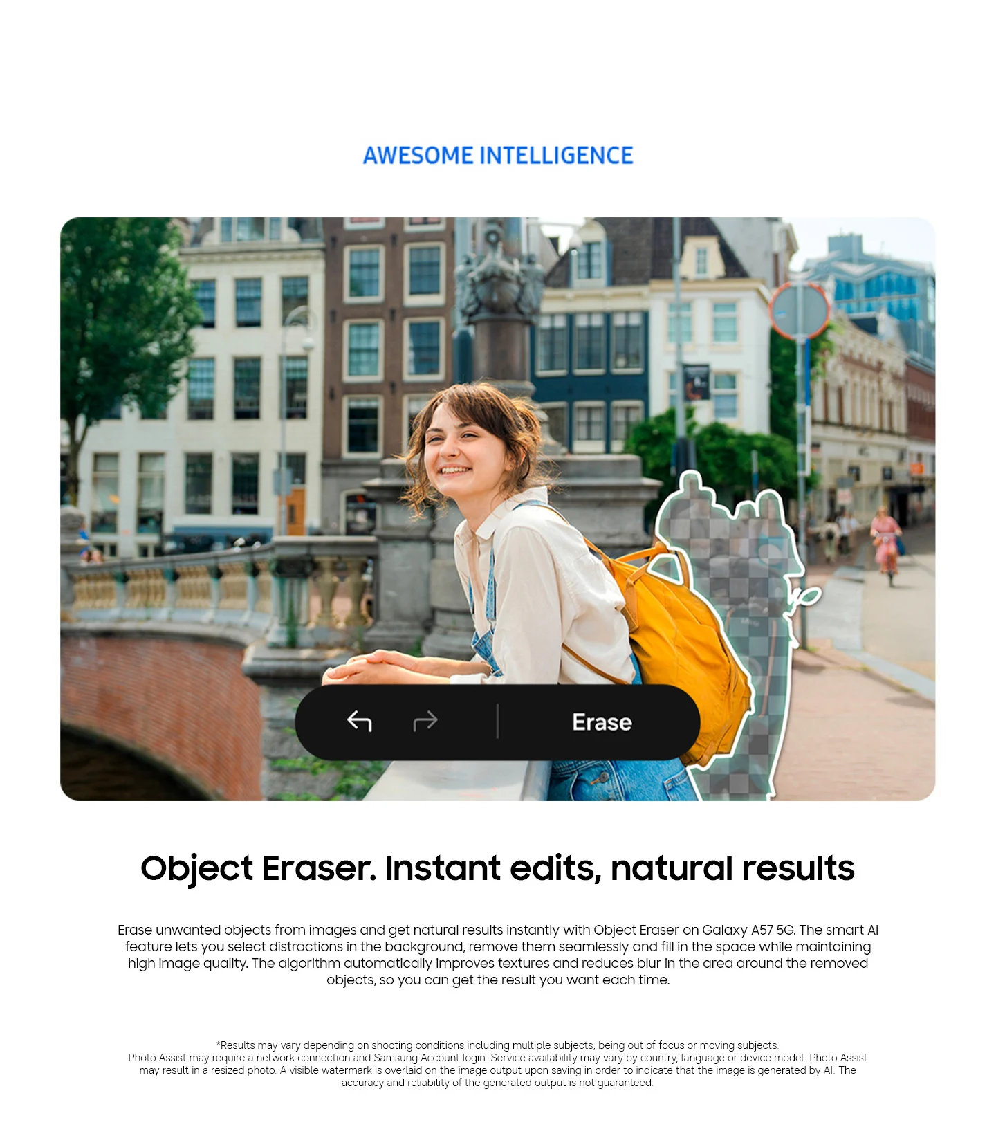 A photo of a girl on a bridge. There are people in the background that are being edited out of the photo using the Object Eraser AI tool.