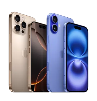 The back view of the iPhone 16 Pro Max and the front view of the iPhone 16 Pro beside the back view of the iPhone 16 Plus and the front view of the iPhone 16.