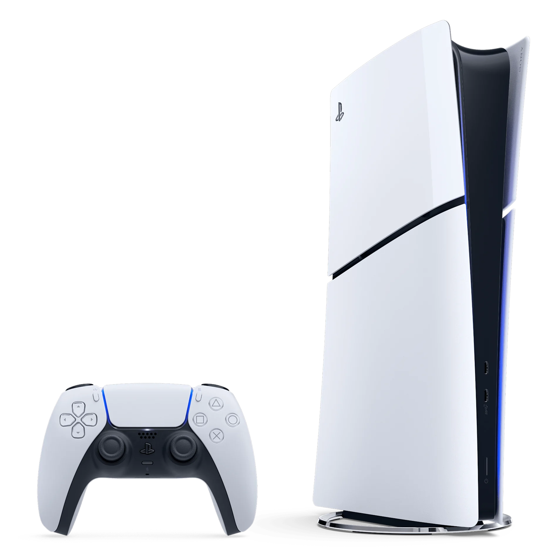 A PlayStation 5 game console and remote control.