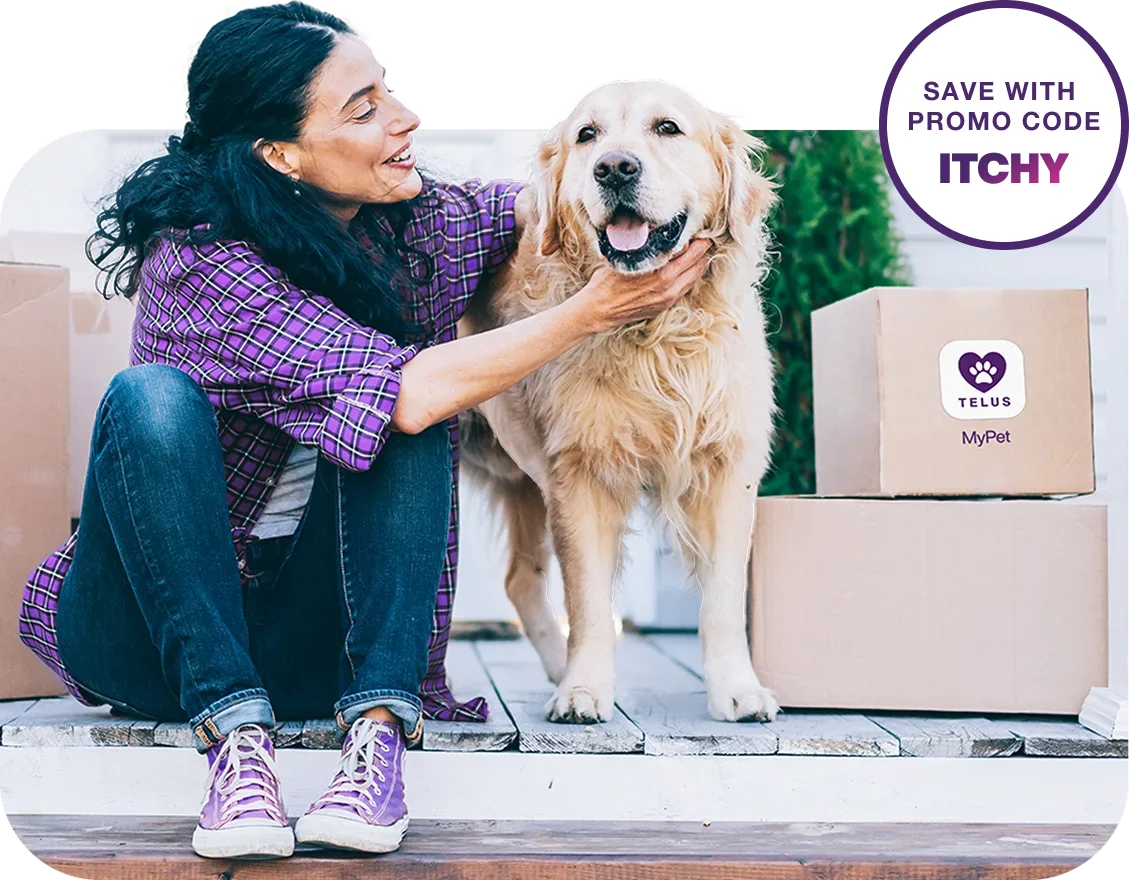 A woman sitting on a curb smiling at a golden retriever while holding its face, next to boxes from TELUS MyPet. Roundel on the right reads “Save with promo code ITCHY”.