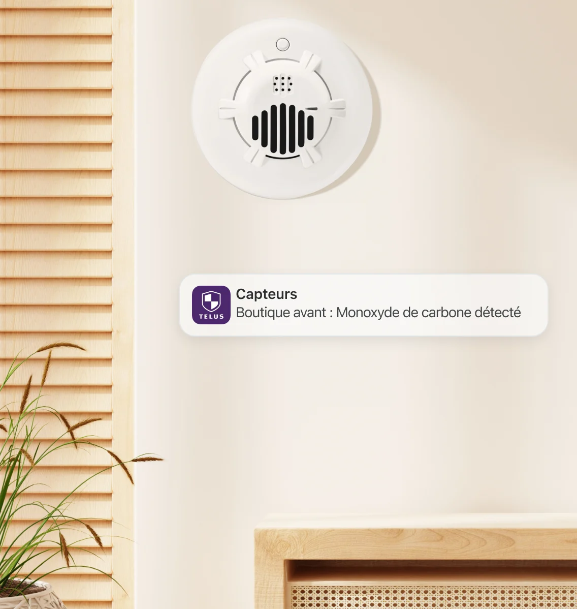 un bâtiment avec un capteur affiché et une notification de TELUS Secure