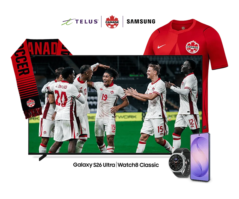 Samsung Galaxy S26 Ultra and Watch8 Classic promotional image featuring Canadian soccer players.