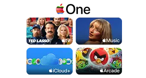 Un ensemble de quatre abonnements Apple (Apple TV+, Apple Music, iCloud+ et Arcade) disposés sous le mot « One », accompagné d’un logo Apple coloré sur sa gauche.