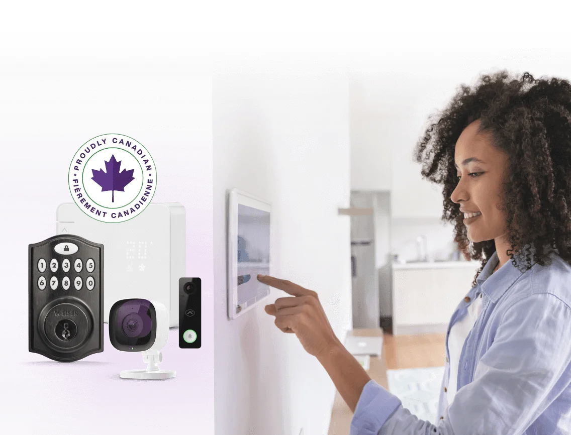 An assortment of Smart Home Security devices shown next to a woman accessing her home security screen.