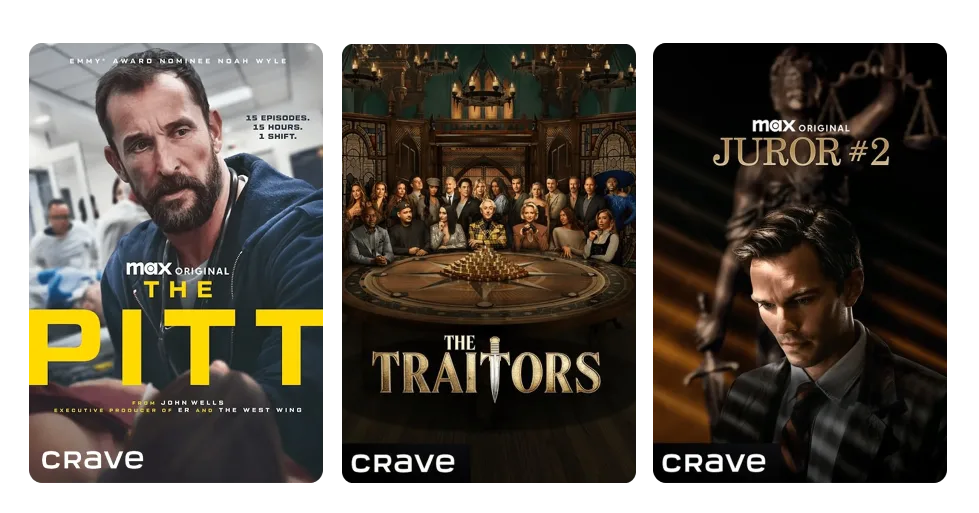Three posters: The Pitt, The Traitors and Juror #2.