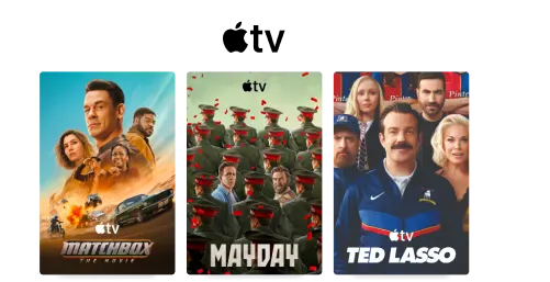 Posters for Apple TV+ original titles including Matchbox: The Movie, Mayday, and Ted Lasso.