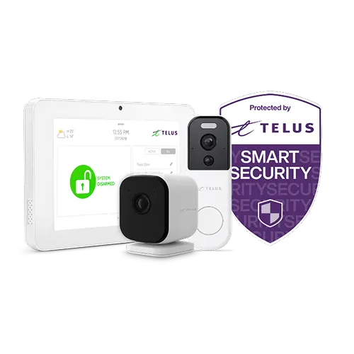 A collection of white TELUS Smart Home Security devices, including a control panel, a video doorbell, and an indoor/outdoor camera, alongside a purple and white "Protected by TELUS Smart Security" graphic.