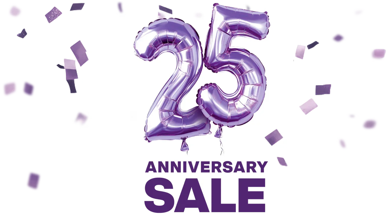 A sticker with the words "25th Anniversary Sale"