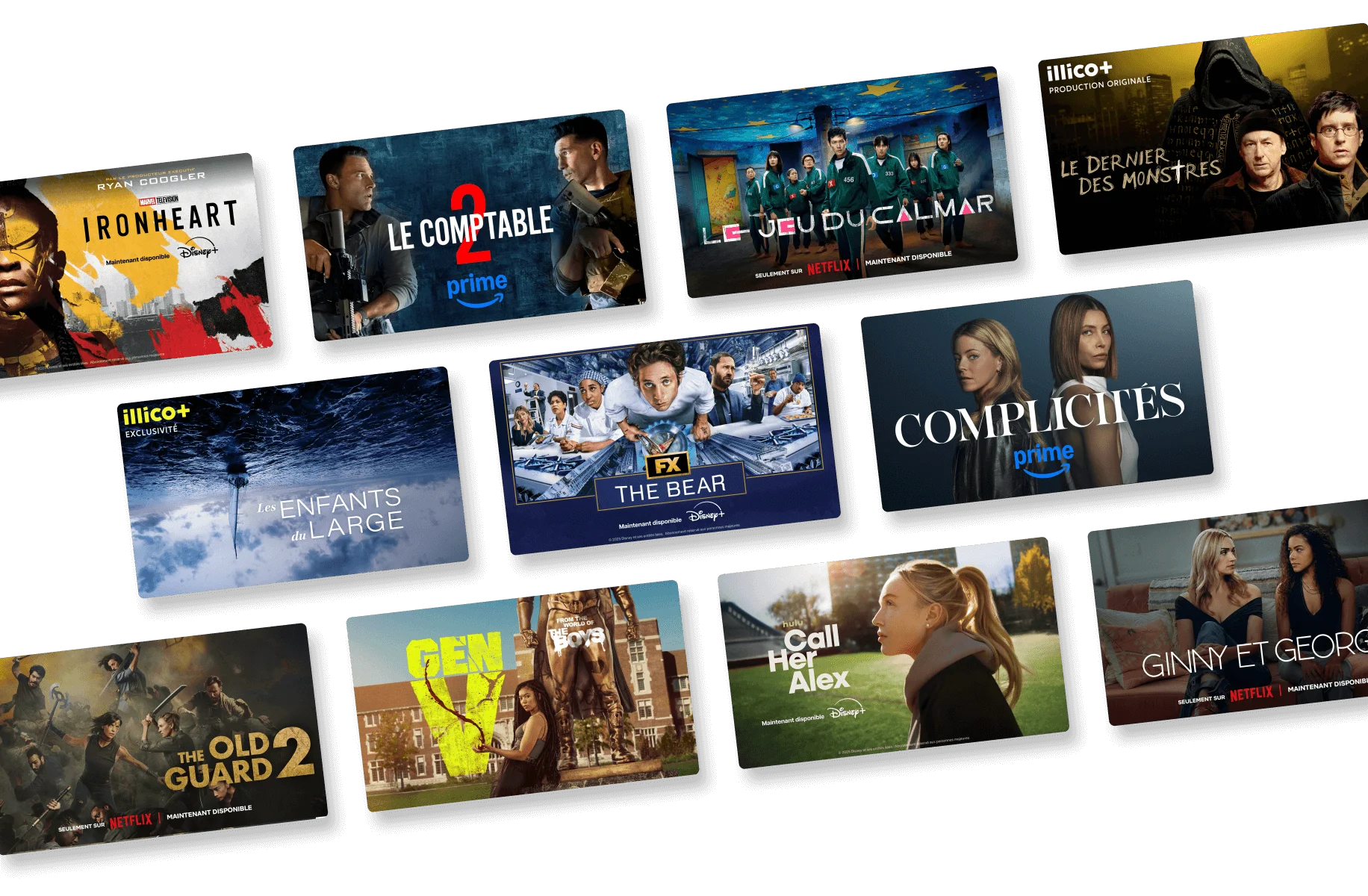 Écrans présentant un assortiment de contenu de divertissement français.