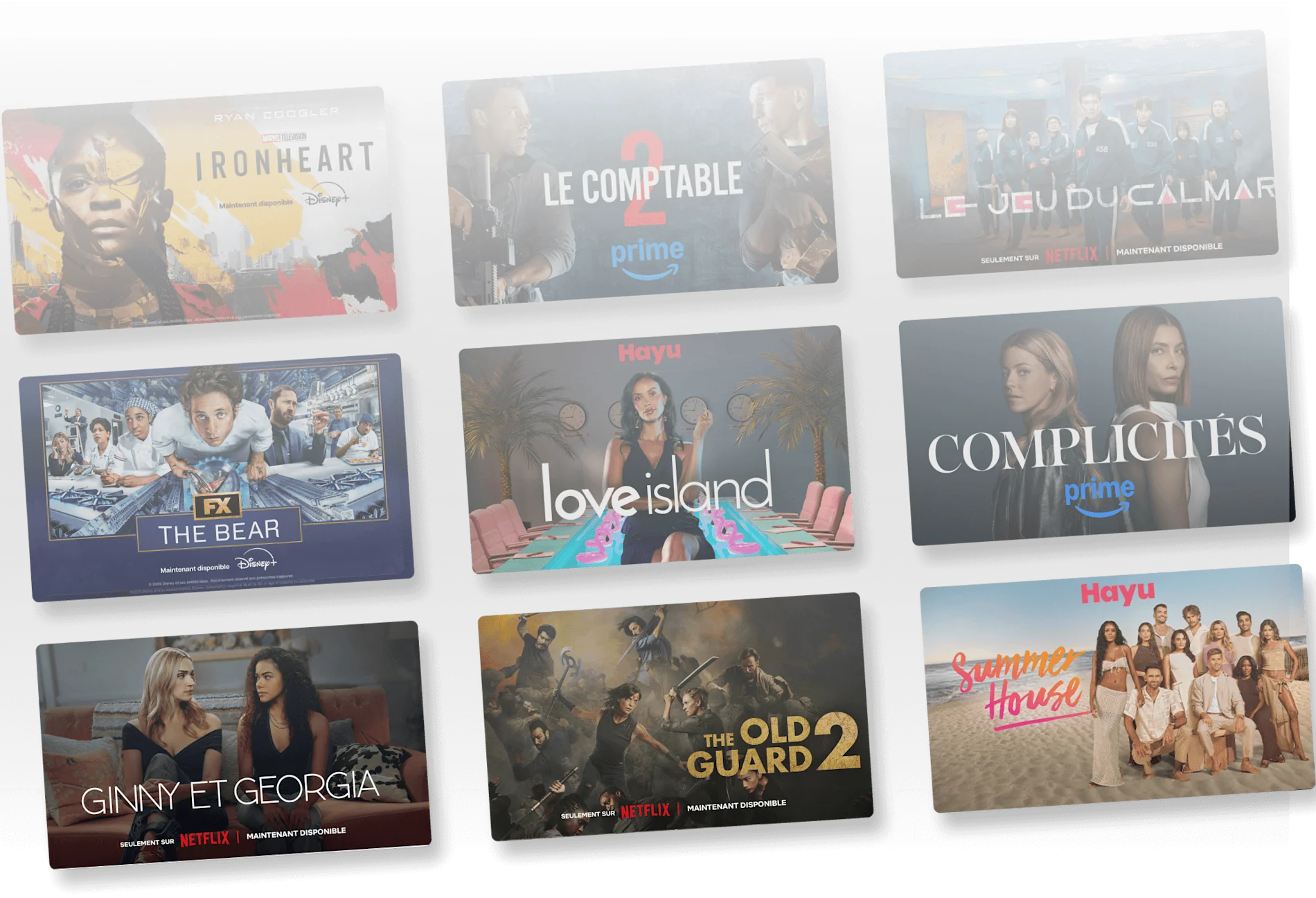 Écrans présentant un assortiment de contenu de divertissement français.