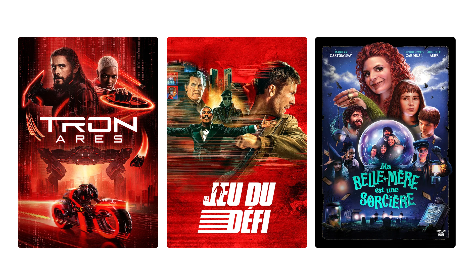Trois affiches : Tron : Ares, Le jeu du défi et Ma belle-mère est une sorcière.