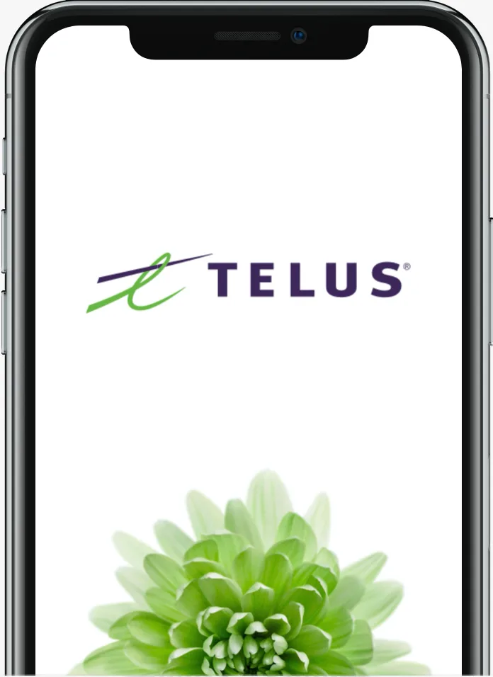 A smartphone displaying the TELUS logo and a green flower.