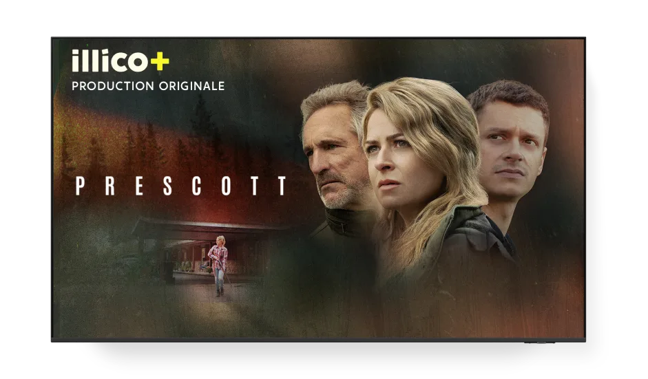 Promotion de la production originale Prescott sur illico+ mettant en vedette trois acteurs et un décor boisé.