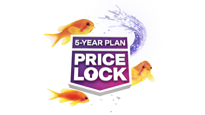 A "5-Year Plan Price Lock" badge surrounded by an orange fish.
