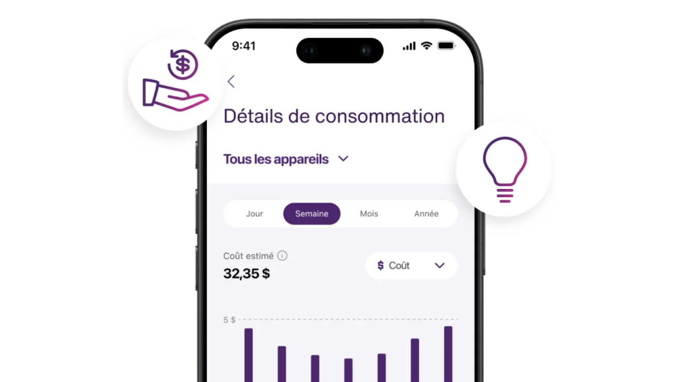 Une image présentant l'application Énergie intelligente, affichant un aperçu des services et de la consommation hebdomadaire. Des icônes relatives aux économies et à l'énergie sont également visibles en arrière-plan.