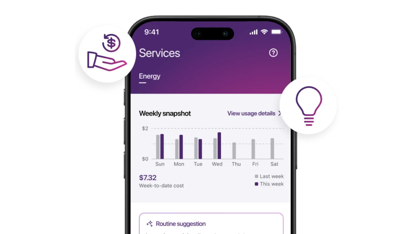 An image featuring the SmartEnergy app showing services overview of weekly usage. Savings and Energy icons can also be seen in the background.
