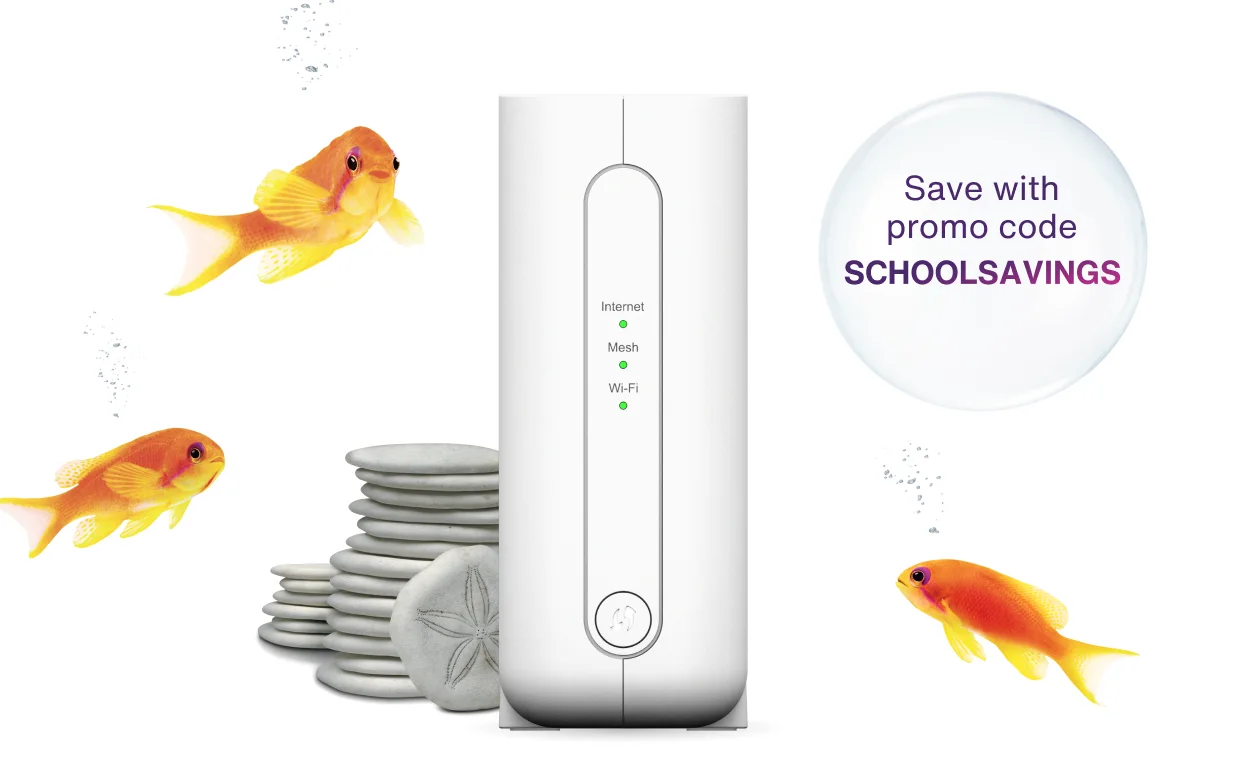 A TELUS modem next to a stack of sand dollars. A school of orange fish swim around the modem. A roundel reads: Save with promo code SCHOOLSAVINGS.