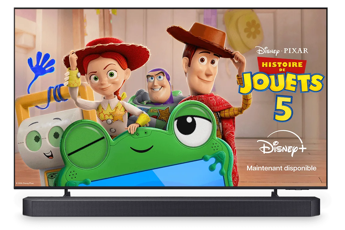 Une image d’une affiche de Toy Story 5 sur un téléviseur.