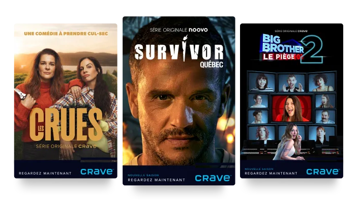 Trois affiches : les Crues, Survivor Quebec et Big Brother Le Piege 2.