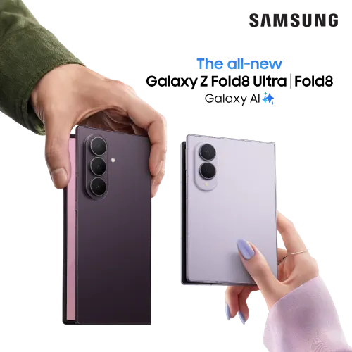 Two hands holding up the two all-new folding devices from Samsung: Galaxy Z Fold8 and Z Fold8 Ultra.