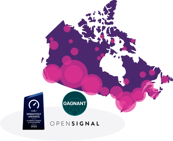 Un prix Ookla Speedtest et un prix Opensignal avec une carte du Canada indiquant les zones couvertes par le réseau 5G de TELUS.