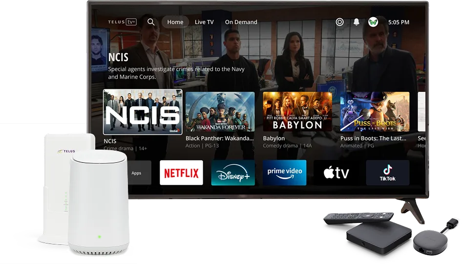 A large TV with various show selections on TELUS TV+ app.